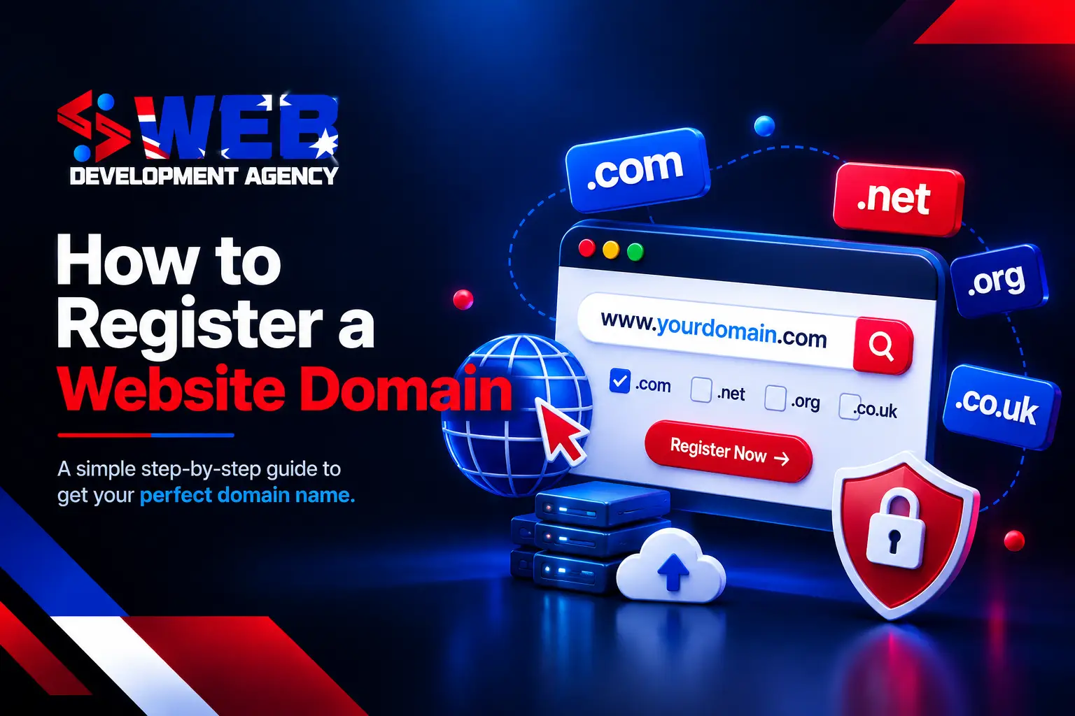 Website domain registration guide with domain search interface